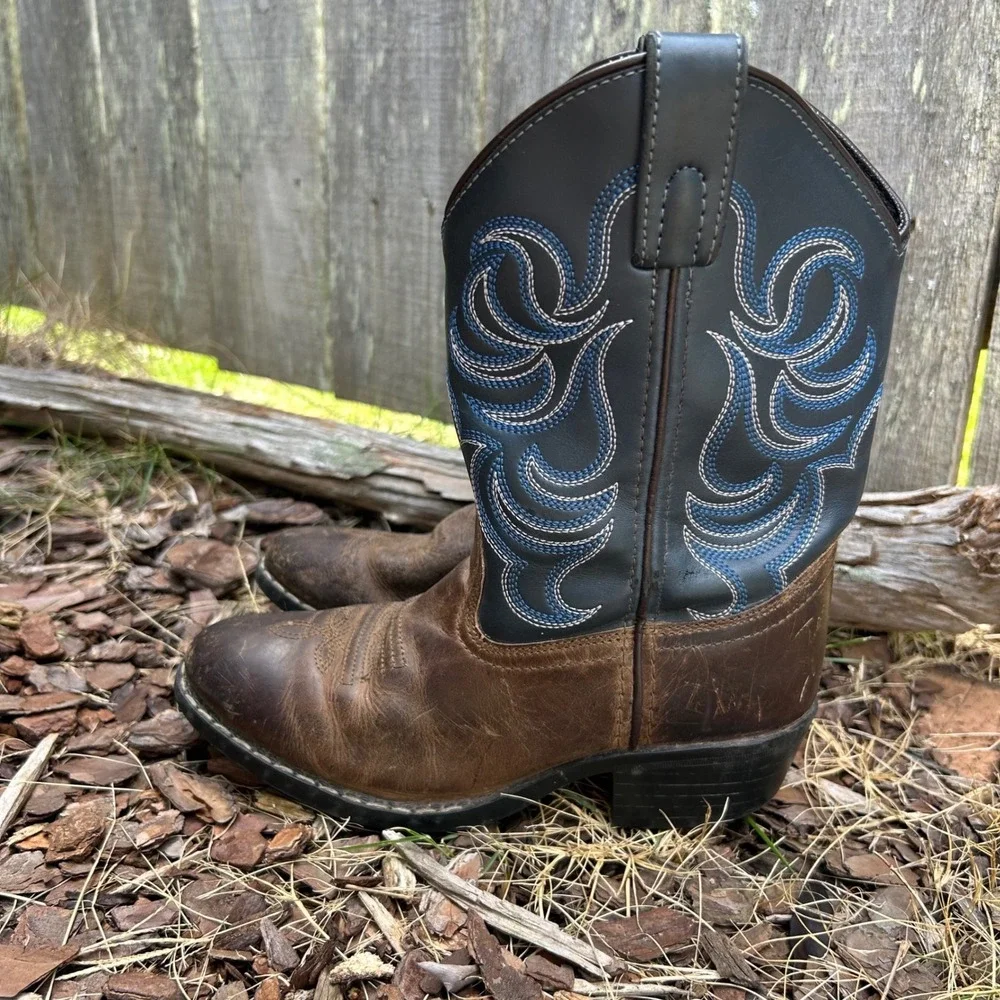 Cody James Western Cowboy Boots Brown Blue Flame Stitching Pull-On Size 1 - Picture 3 of 8